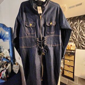 Ashley Stewart Women Chambray Zip Up Long Sleeve Maxi Shirt Dress Size 18